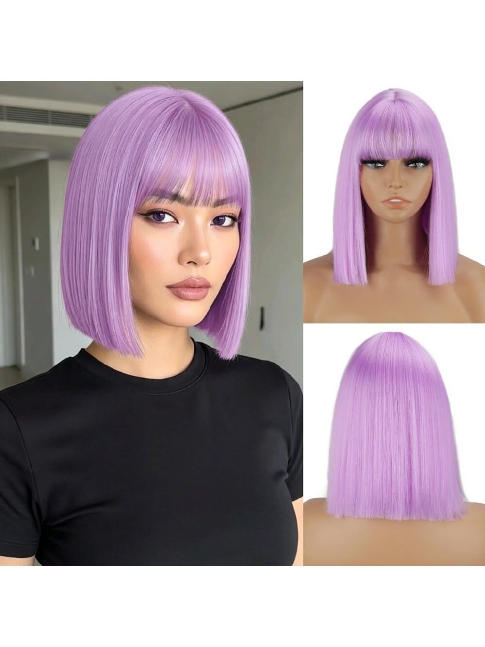 Women's Light Purple 11 Inch Heat Resistant Synthetic Short Straight Wigs Bangs